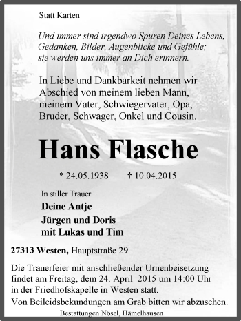 Traueranzeige von Hans Flasche von KRZ