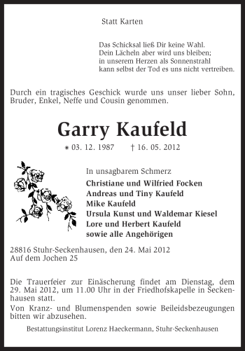 Traueranzeige von Garry Kaufeld von KREISZEITUNG SYKE