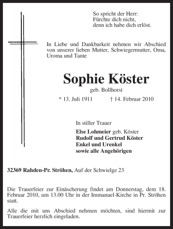 Traueranzeige von Sophie Köster von KREISZEITUNG SYKE