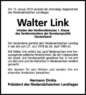 Traueranzeige von Walter Link von KREISZEITUNG SYKE