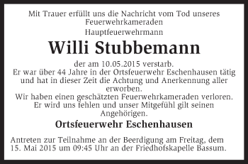 Traueranzeige von Willi Stubbemann von KRZ