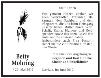 Traueranzeige von Betty Möhring von KREISZEITUNG SYKE