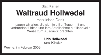 Traueranzeige von Waltraud Hollwedel von KREISZEITUNG SYKE