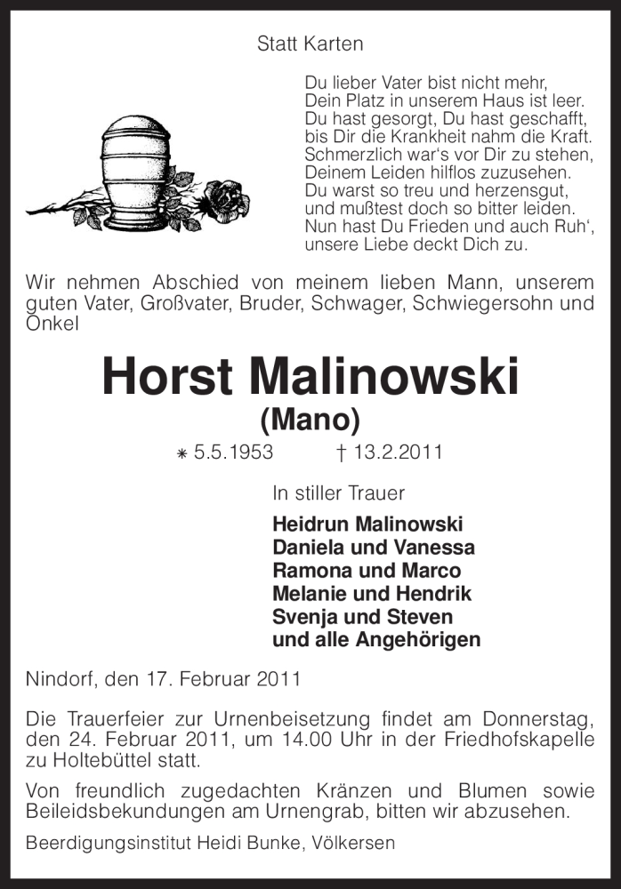  Traueranzeige für Horst Malinowski vom 18.02.2011 aus KREISZEITUNG SYKE