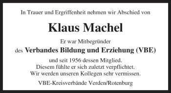 Traueranzeige von Klaus Machel von KREISZEITUNG SYKE