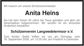 Traueranzeige von Anita Heins von KREISZEITUNG SYKE