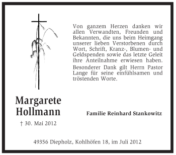 Traueranzeige von Margarete Hollmann von KREISZEITUNG SYKE