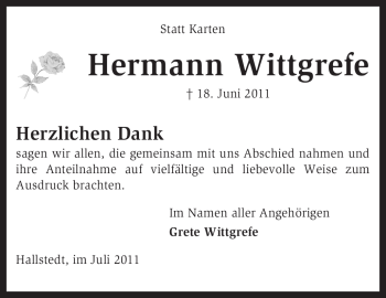 Traueranzeige von Hermann Wittgrefe von KREISZEITUNG SYKE