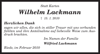 Traueranzeige von Wilhelm Lackmann von KREISZEITUNG SYKE