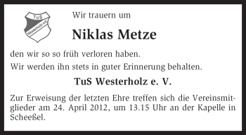 Traueranzeige von Niklas Metze von KREISZEITUNG SYKE