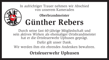 Traueranzeige von Günther Rebers von KREISZEITUNG SYKE