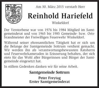 Traueranzeige von Reinhold Hariefeld von KRZ