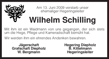 Traueranzeige von Wilhelm Schilling von KREISZEITUNG SYKE