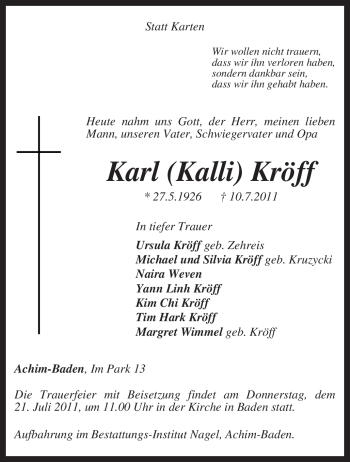 Traueranzeige von Karl Kröff von KREISZEITUNG SYKE