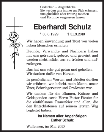 Traueranzeige von Eberhardt Schulz von KREISZEITUNG SYKE