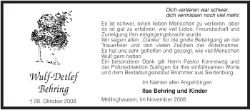 Traueranzeige von Wulf-Detlef Behring von KREISZEITUNG SYKE