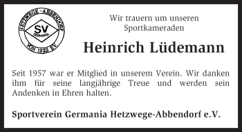 Traueranzeige von Heinrich Lüdemann von KREISZEITUNG SYKE