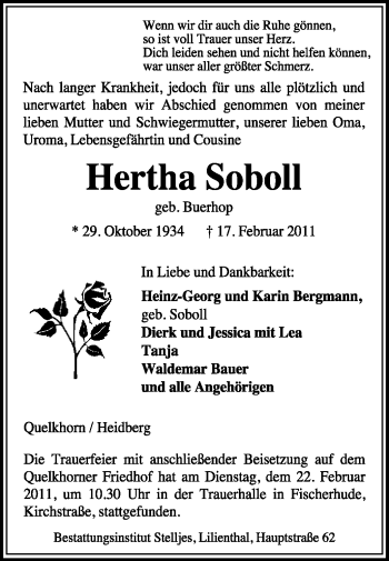 Traueranzeige von Hertha Soboll von KREISZEITUNG SYKE