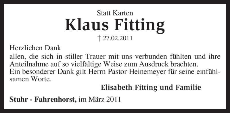  Traueranzeige für Klaus Fitting vom 26.03.2011 aus KREISZEITUNG SYKE