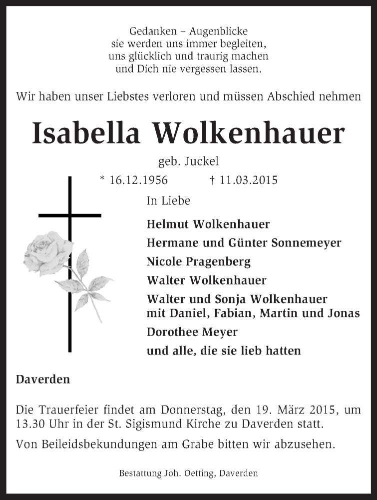  Traueranzeige für Isabella Wolkenhauer vom 16.03.2015 aus KRZ