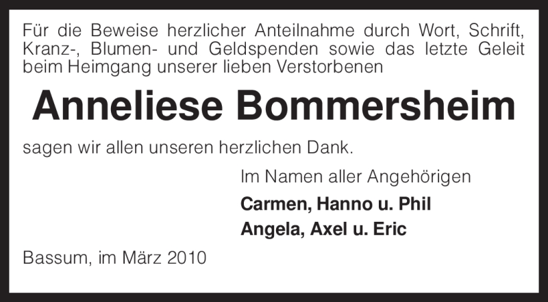  Traueranzeige für Anneliese Bommersheim vom 27.03.2010 aus KREISZEITUNG SYKE