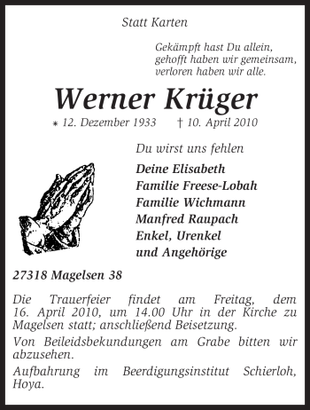 Traueranzeige von Werner Krüger von KREISZEITUNG SYKE