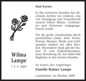 Traueranzeige von Wilma Lampe von KREISZEITUNG SYKE