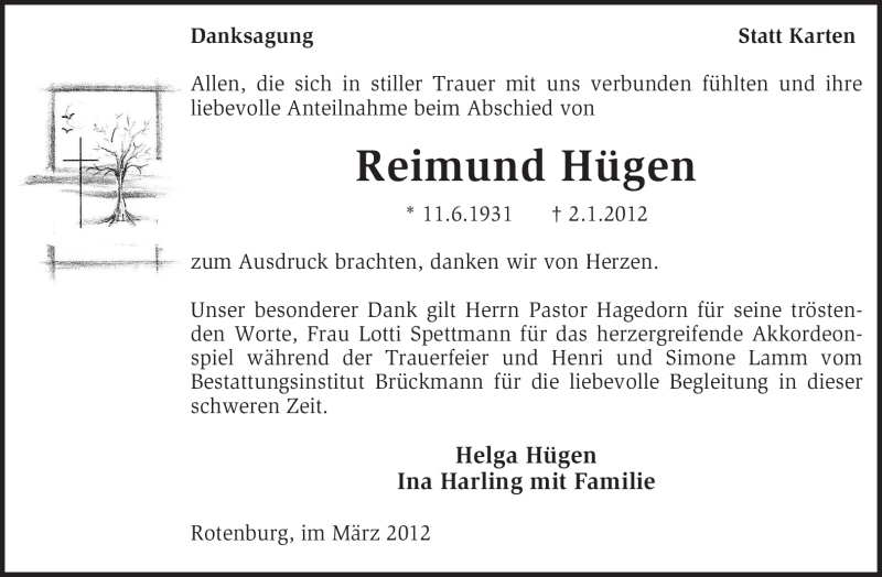  Traueranzeige für Reimund Hügen vom 03.03.2012 aus KREISZEITUNG SYKE