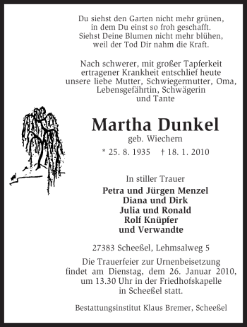 Traueranzeige von Martha Dunkel von KREISZEITUNG SYKE