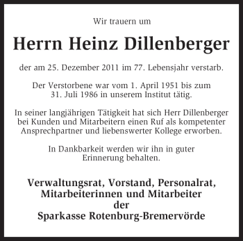 Traueranzeige von Heinz Dillenberger von KREISZEITUNG SYKE