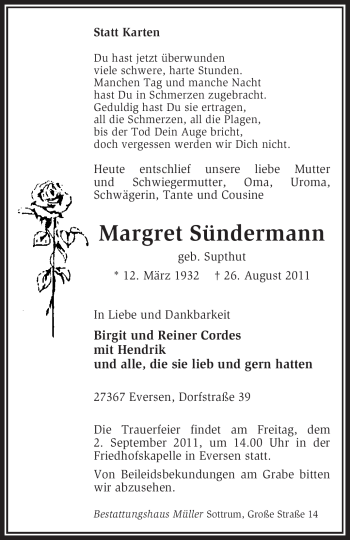 Traueranzeige von Margret Sündermann von KREISZEITUNG SYKE