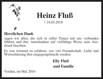 Traueranzeige von Heinz Fluß von KREISZEITUNG SYKE