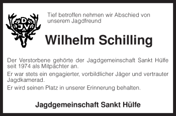 Traueranzeige von Wilhelm Schilling von KREISZEITUNG SYKE