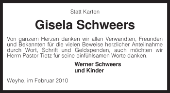 Traueranzeige von Gisela Schweers von KREISZEITUNG SYKE