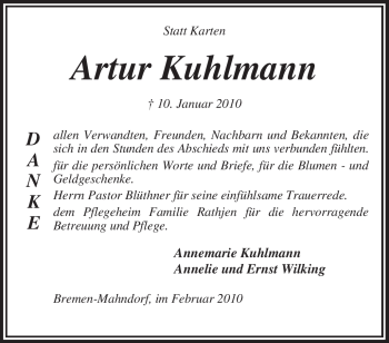 Traueranzeige von Artur Kuhlmann von KREISZEITUNG SYKE