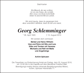 Traueranzeige von Georg Schlemminger von KREISZEITUNG SYKE