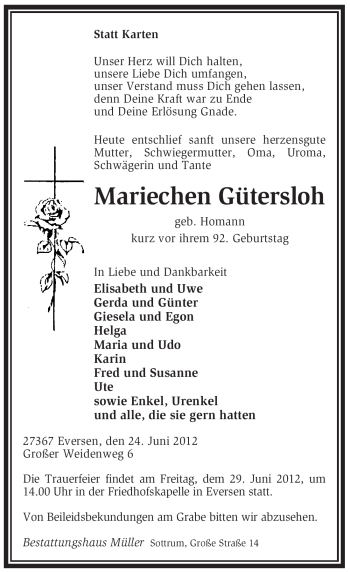 Traueranzeige von Mariechen Gütersloh von KREISZEITUNG SYKE