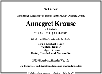 Traueranzeige von Annegret Krause von KRZ