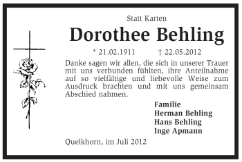 Traueranzeige von Dorothee Behling von KREISZEITUNG SYKE