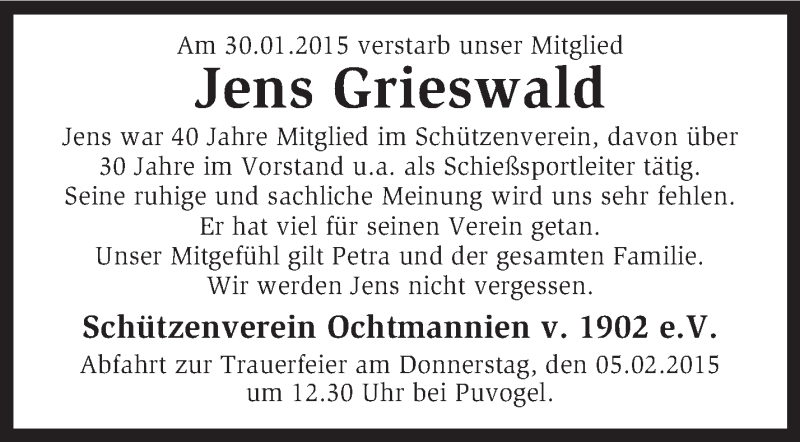  Traueranzeige für Jens Grieswald vom 03.02.2015 aus KRZ