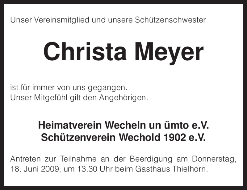  Traueranzeige für Christa Meyer vom 15.06.2009 aus KREISZEITUNG SYKE