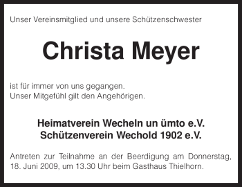 Traueranzeige von Christa Meyer von KREISZEITUNG SYKE