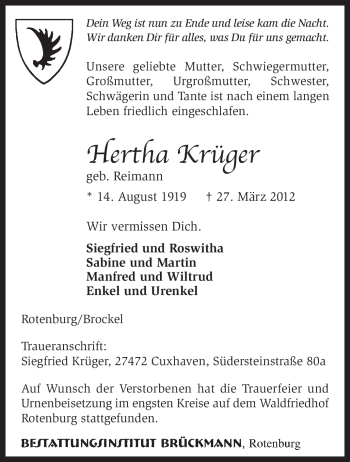 Traueranzeige von Hertha Krüger von KREISZEITUNG SYKE