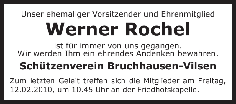  Traueranzeige für Werner Rochel vom 11.02.2010 aus KREISZEITUNG SYKE