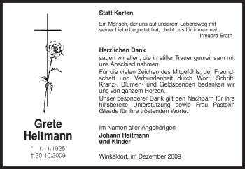 Traueranzeige von Grete Heitmann von KREISZEITUNG SYKE