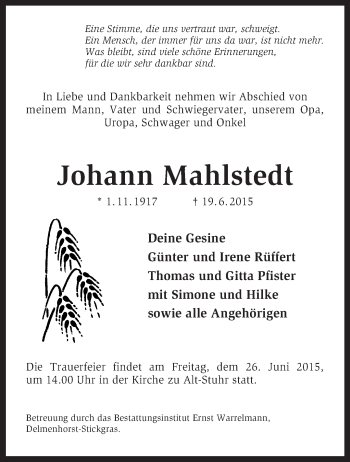 Traueranzeige von Johann Mahlstedt von KRZ