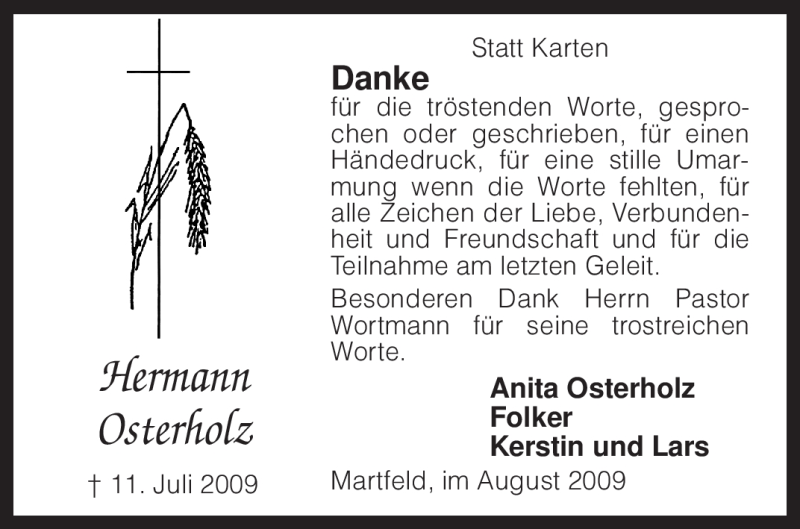  Traueranzeige für Hermann Osterholz vom 08.08.2009 aus KREISZEITUNG SYKE