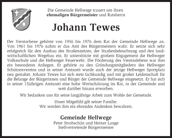 Traueranzeige von Johann Tewes von KRZ