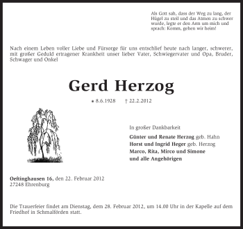 Traueranzeige von Gerd Herzog von KREISZEITUNG SYKE