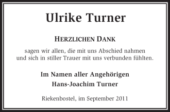 Traueranzeige von Ulrike Turner von KREISZEITUNG SYKE